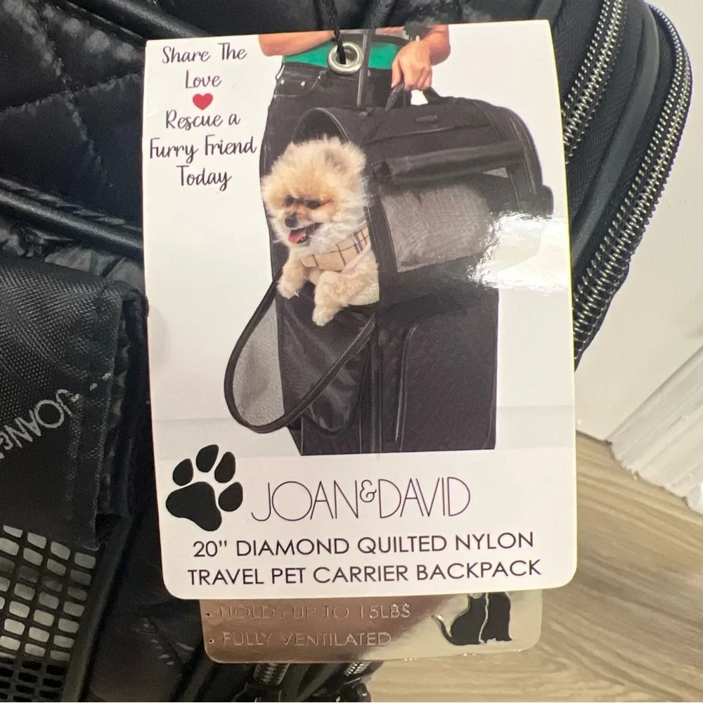 Joan & David 20” Diamond Quilted Travel Pet Carrier Backpack Black JDB2358 $290